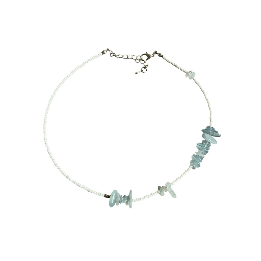 White Seed Bead Aqua Stone Chip Choker Necklace Boho Minimalist Beach